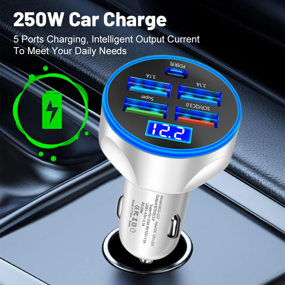 5 in 1 USB PD 250W Car Charger