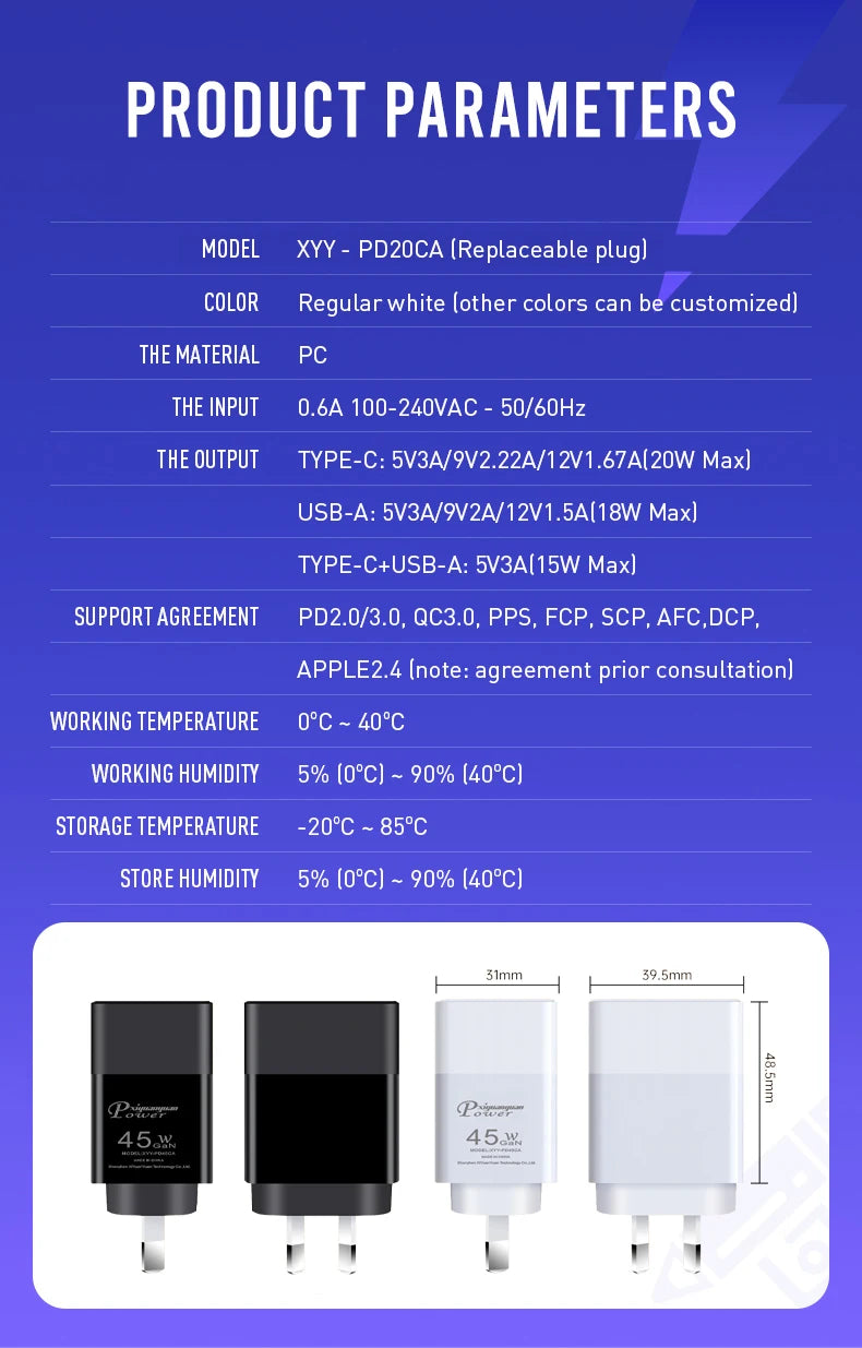 USB charger fast charging 45w